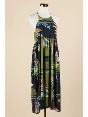 Sz S Zinzane Leafy Tropical Geometric Sleeveless Halter Resort Maxi Dress EUC